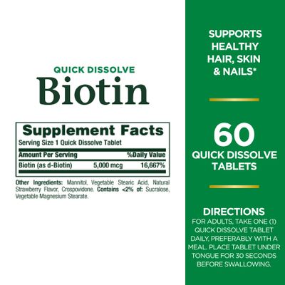 Biotin by Nature's Bounty, Vitamin Supplement, Supports Metabolism for Cellular Energy and Healthy Hair, Skin, and Nails, 5000 mcg, 60 Quick Dissolve Tablets