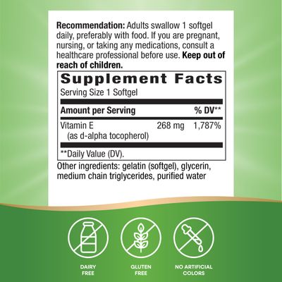 Natures Way Vitamin E D-Alpha Tocopherol - 268 mg per serving - Antioxidant - Essential Nutrient for Heart Muscle Cells* - Gluten Free - 100 Softgels