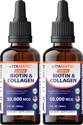 Vitamatic 2 Packs Liquid Biotin &amp; Collagen for Hair Growth - Women &amp; Men - Supports Glowing Skin, Healthy Hair &amp; Nail Growth (2Fl Oz)