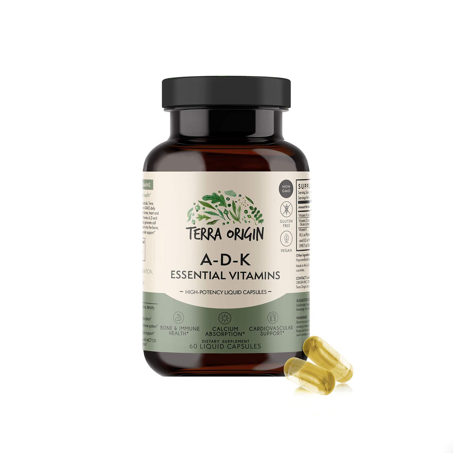 TERRA ORIGIN ADK Essential Vitamins - 60 High Potency Liquid Capsules, Vegan, Non-GMO, Gluten Free, Made in The USA.