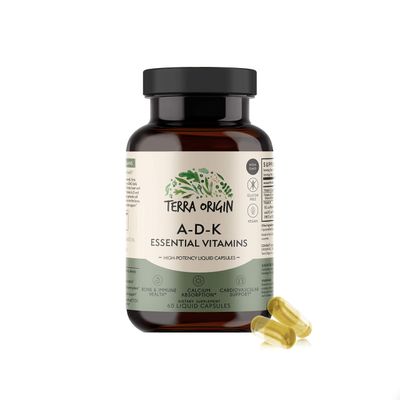 TERRA ORIGIN ADK Essential Vitamins - 60 High Potency Liquid Capsules, Vegan, Non-GMO, Gluten Free, Made in The USA.