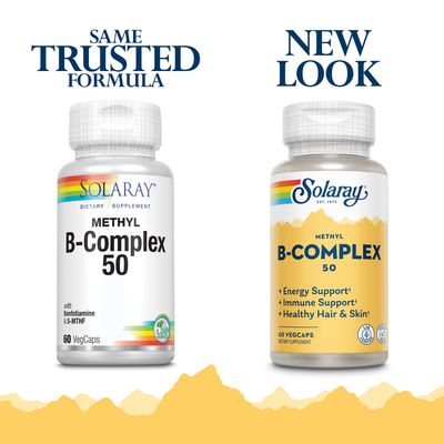 Solaray Methyl B-Complex 50mg | Methylated Forms of Folate &amp; B-12 | Healthy Hair &amp; Skin, Nerves, Immune Function &amp; Metabolism Support | 60 VegCaps
