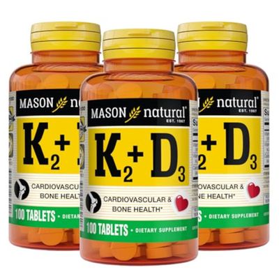 MASON NATURAL Vitamin K2 + D3, 300-Day Supply, with Calcium for Normal Bone and Muscle Support, 100 Tablets (Pack of 3)