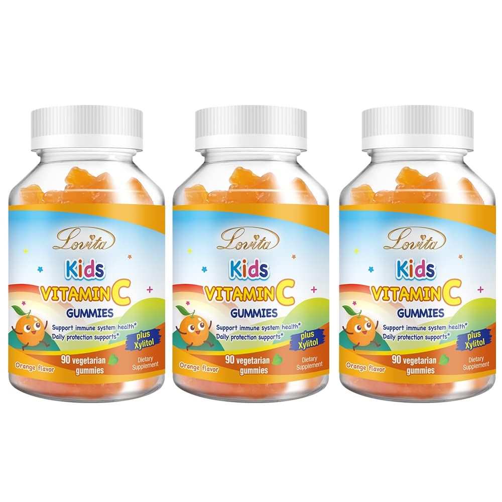Lovita Vegan Vitamin C Gummies for Kids, Great Tasting Plant-Based Formula, Immune Function Support with Vitamin C 150mg per Daily Servings &amp; Xylitol, Natural Orange Flavored, 90 Gummies (Pack of 3)