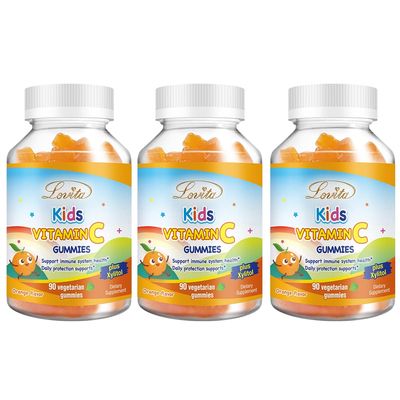 Lovita Vegan Vitamin C Gummies for Kids, Great Tasting Plant-Based Formula, Immune Function Support with Vitamin C 150mg per Daily Servings &amp; Xylitol, Natural Orange Flavored, 90 Gummies (Pack of 3)