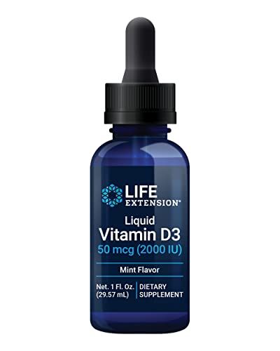 Life Extension Liquid Vitamin D3 (Mint), 50 mcg (2000 IU), Immune System Support, Bone Health, Whole-Body Health, Tasty Peppermint Flavor, Gluten Free, Non-GMO, 29.57 ml