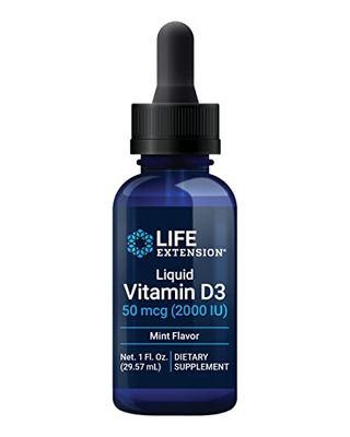 Life Extension Liquid Vitamin D3 (Mint), 50 mcg (2000 IU), Immune System Support, Bone Health, Whole-Body Health, Tasty Peppermint Flavor, Gluten Free, Non-GMO, 29.57 ml