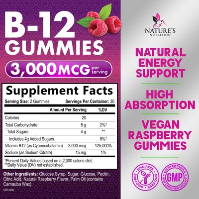 B12 Gummies, Extra Strength Energy 3000 mcg Vitamin B12, B-12 Energy Metabolism &amp; Immune System Support, Chewable Supplement for Adults &amp; Kids, Caffeine Free, Berry Flavored Gummy, Vegan - 60 Count