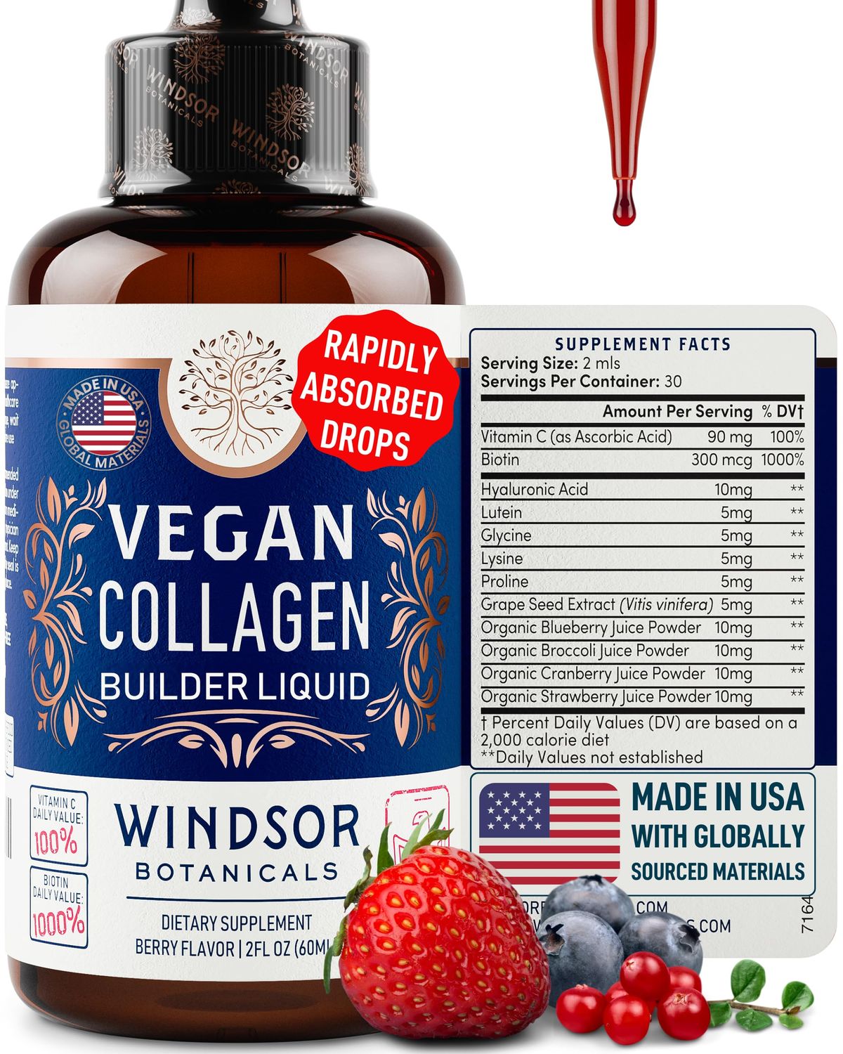Vegan Collagen Builder Liquid Supplement - Collagen Booster with Vitamin C, Biotin, Hyaluronic Acid &amp; Amino Acids - Vegetarian Collagen for Women, Organic Fruit &amp; Vegetable Blend - 60ml, 30 Day