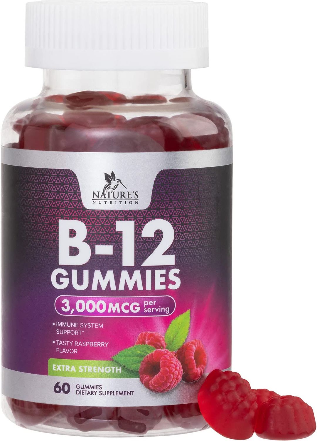 B12 Gummies, Extra Strength Energy 3000 mcg Vitamin B12, B-12 Energy Metabolism &amp; Immune System Support, Chewable Supplement for Adults &amp; Kids, Caffeine Free, Berry Flavored Gummy, Vegan - 60 Count