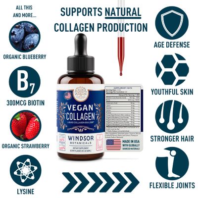 Vegan Collagen Builder Liquid Supplement - Collagen Booster with Vitamin C, Biotin, Hyaluronic Acid & Amino Acids - Vegetarian Collagen for Women, Organic Fruit & Vegetable Blend - 60ml, 30 Day