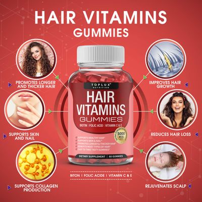 Hair Vitamins Gummies Supplement - Faster Hair Growth Gummy 5000mcg Biotin, Folic Acid, Vitamin C &amp; E, Support Stronger &amp; Thicker Hair, Skin, Nails, Non-GMO, for Men Women, 60 Berry Flavored Gummies