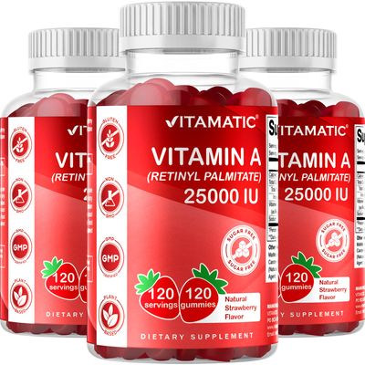 Vitamatic Sugar Free Vitamin A 25000 IU Gummies (Retinyl Palmitate) - Natural Strawberry Flavor - 120 Pectin Based Gummies (1 Bottle)