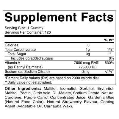 Vitamatic Sugar Free Vitamin A 25000 IU Gummies (Retinyl Palmitate) - Natural Strawberry Flavor - 120 Pectin Based Gummies (1 Bottle)