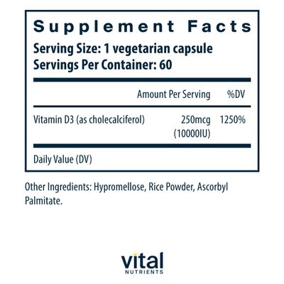 Vital Nutrients Vitamin D 10000 IU | Vitamin D3 Supplement | Healthy Bones, Teeth, Muscles*| Cellular & Immune Function | Calcium Absorption | Gluten, Dairy and Soy Free | 60 Capsules