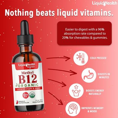 LIQUIDHEALTH Organic Methyl Vitamin B12 Methylcobalamin Liquid Drops with Tart Cherry Juice - Boost Energy, Support Immune System, Improve Memory &amp; Concentration - Vegan, Sugar Free, Non-GMO (2 Pack)