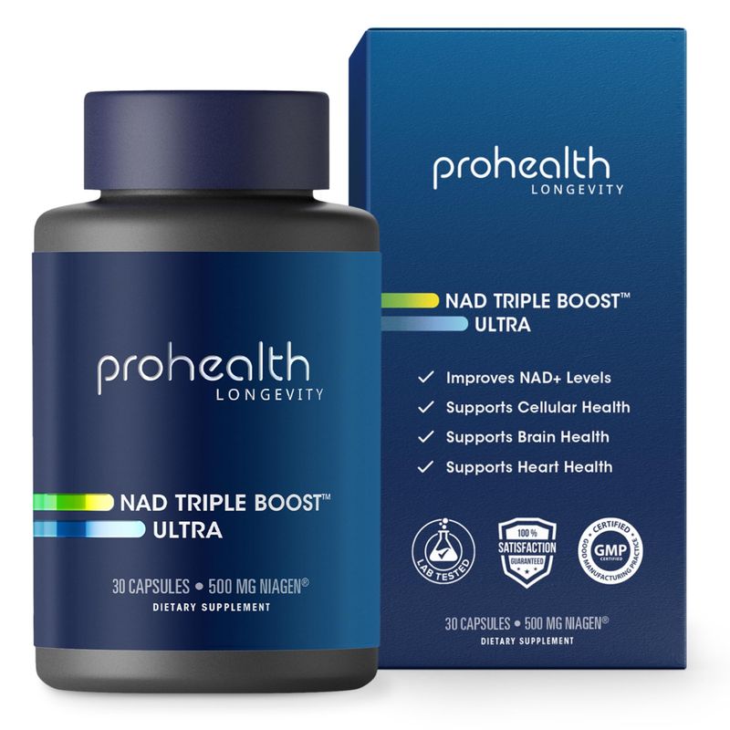 ProHealth NAD Triple Boost Ultra with 500mg Niagen NR. 3X NAD Boost Plus Apigenin, PQQ and Quercetin. Promotes Longevity, Heart and Brain Health, Activates Sirtuins for Cellular Repair. (30 Servings)