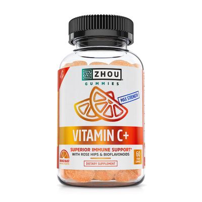 Zhou Nutrition Vitamin C+ Immune Support Gummies Max Strength with Rose Hips &amp; Bioflavonoids, Non-GMO, Vegan, Gluten Free, Orange Blast Flavor, 60 Count