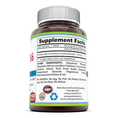 Pure Naturals Vitamin B6 Supplement | 100 Mg Per Serving | 100 Tablets | Non-GMO | Gluten-Free | Made in USA