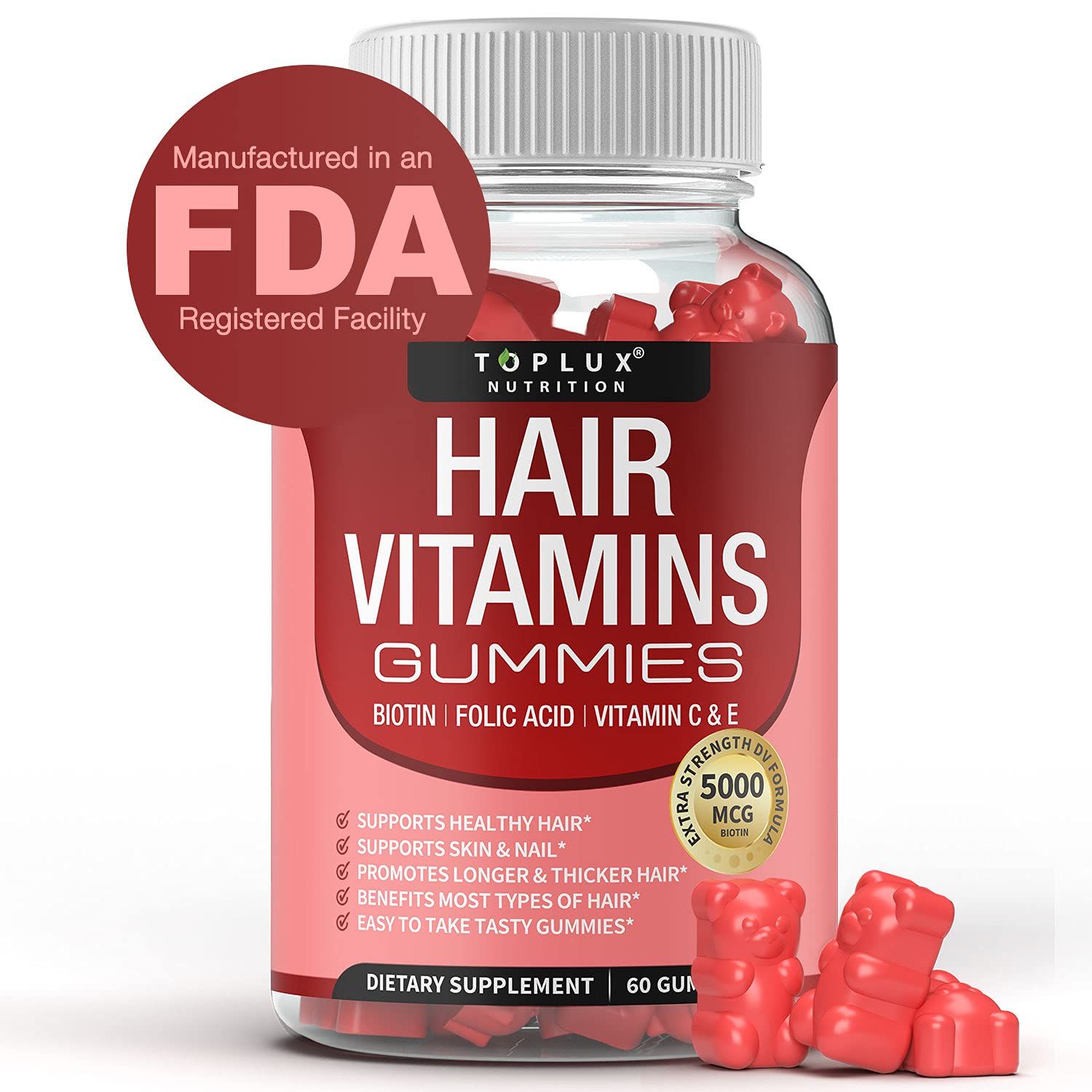 Hair Vitamins Gummies Supplement - Faster Hair Growth Gummy 5000mcg Biotin, Folic Acid, Vitamin C &amp; E, Support Stronger &amp; Thicker Hair, Skin, Nails, Non-GMO, for Men Women, 60 Berry Flavored Gummies