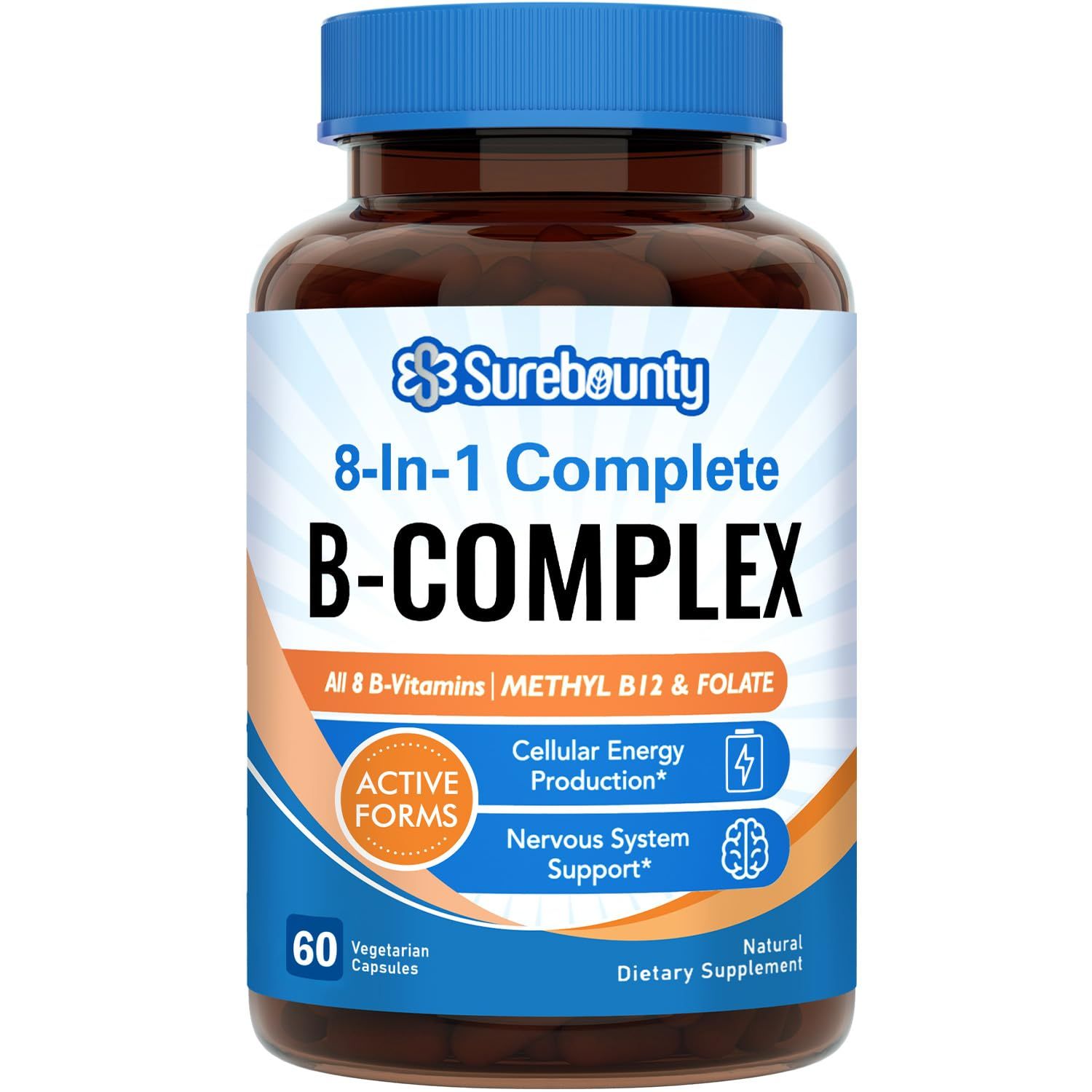 Surebounty 8-in-1 Vitamin B Complex Capsules for Women &amp; Men, Super B Complex Vitamins, B12, B1, B2, B3, B5, B6, B9, Biotin, Folate, Methylated Forms, Energy, Nerve, Blood Support, 60 Caps