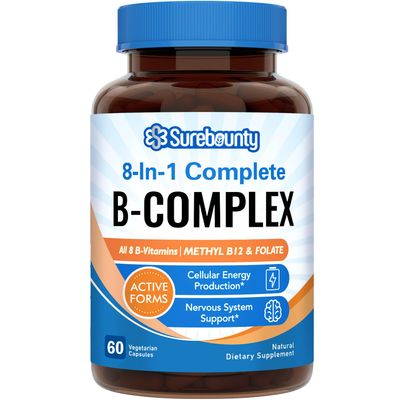 Surebounty 8-in-1 Vitamin B Complex Capsules for Women &amp; Men, Super B Complex Vitamins, B12, B1, B2, B3, B5, B6, B9, Biotin, Folate, Methylated Forms, Energy, Nerve, Blood Support, 60 Caps