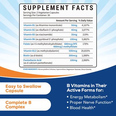 Surebounty 8-in-1 Vitamin B Complex Capsules for Women &amp; Men, Super B Complex Vitamins, B12, B1, B2, B3, B5, B6, B9, Biotin, Folate, Methylated Forms, Energy, Nerve, Blood Support, 60 Caps