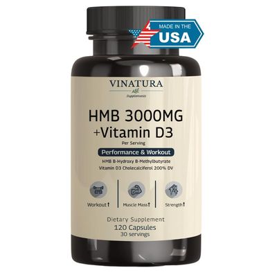 VINATURA HMB 3000mg and Vitamin D3 Supplement Capsules per Serving *USA Made &amp; Tested* Promotes Muscle Growth &amp; Recovery - HMB Supplement and Vitamin D3 (1600 IU) - 120 Capsules 30 Servings