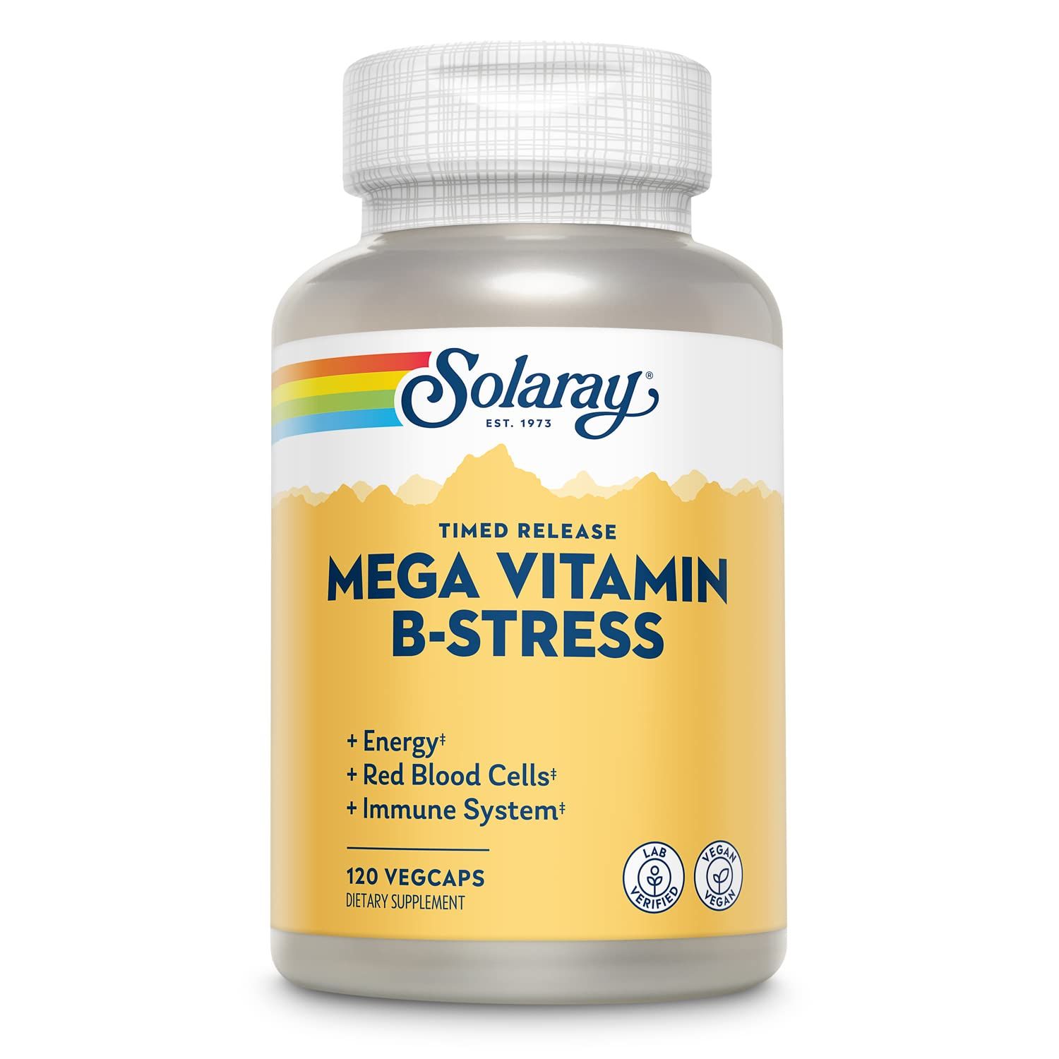 Solaray Mega Vitamin B-Stress, Timed-Release Vitamin B Complex with 1000 mg of Vitamin C for Stress, Energy, Red Blood Cell &amp; Immune Support, 60 Day Guarantee, Vegan, 40 Servings, 120 VegCaps