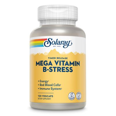 Solaray Mega Vitamin B-Stress, Timed-Release Vitamin B Complex with 1000 mg of Vitamin C for Stress, Energy, Red Blood Cell &amp; Immune Support, 60 Day Guarantee, Vegan, 40 Servings, 120 VegCaps
