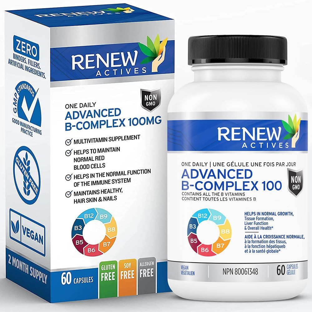 Renew Actives Vitamin B Complex 100: 100% of Daily B1, B2, B3, B5, B6, and B12 - Helps Normal Growth, Red Blood Cell Formation, &amp; Liver Function - Promotes Energy Metabolism - 60 Capsules