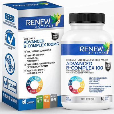 Renew Actives Vitamin B Complex 100: 100% of Daily B1, B2, B3, B5, B6, and B12 - Helps Normal Growth, Red Blood Cell Formation, &amp; Liver Function - Promotes Energy Metabolism - 60 Capsules