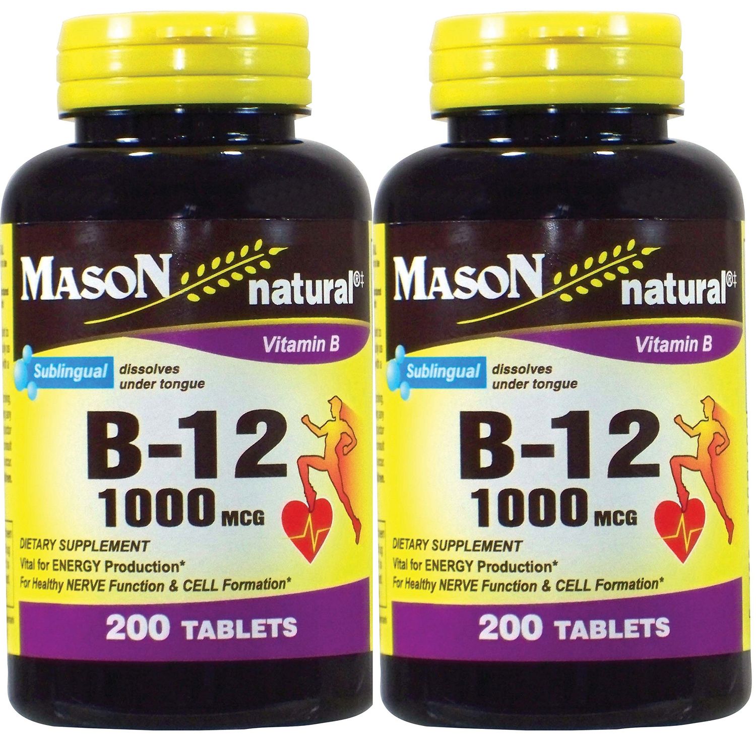 Mason Vitamins B-12 1000Mcg Sublingual Cyanocobalamin Tablets, 200-Count Bottles Pack of 2