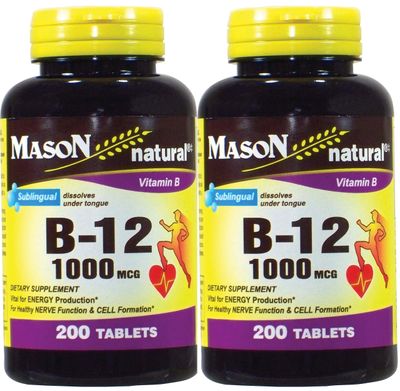 Mason Vitamins B-12 1000Mcg Sublingual Cyanocobalamin Tablets, 200-Count Bottles Pack of 2