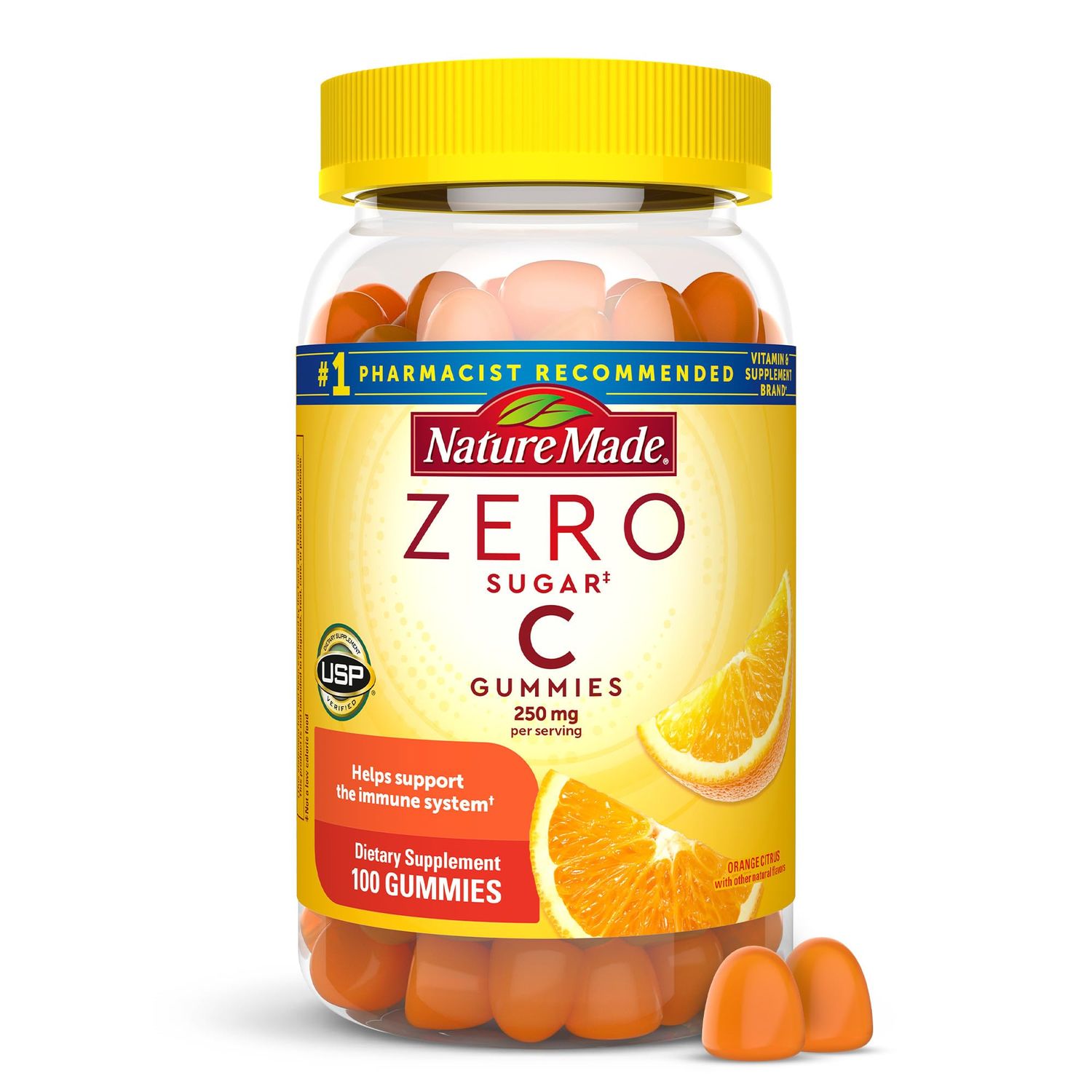 Nature Made Zero Sugar Vitamin C Gummies 250 mg per Serving, Immune &amp; Antioxidant Support, Aspartame Free, 100 Sugar Free Gummies, 50 Day Supply