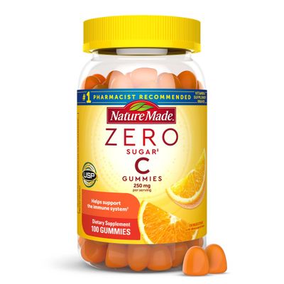 Nature Made Zero Sugar Vitamin C Gummies 250 mg per Serving, Immune &amp; Antioxidant Support, Aspartame Free, 100 Sugar Free Gummies, 50 Day Supply
