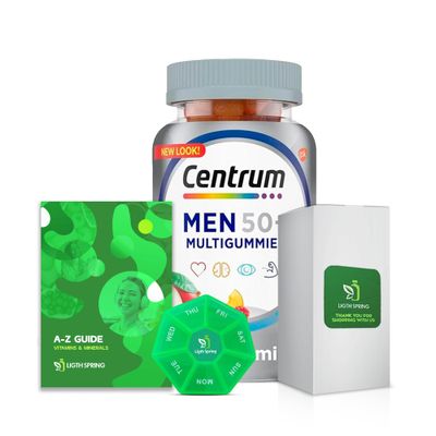 Centrum Silver Men 50+ Gummies, 80 Count (2 Pack) Multivitamin Supplement, Assorted Fruit, Multimineral Supplement, Vitamin D3, with Weekly Pill Organizer, A to Z Ligth&amp;Spring Guide (4 Items)