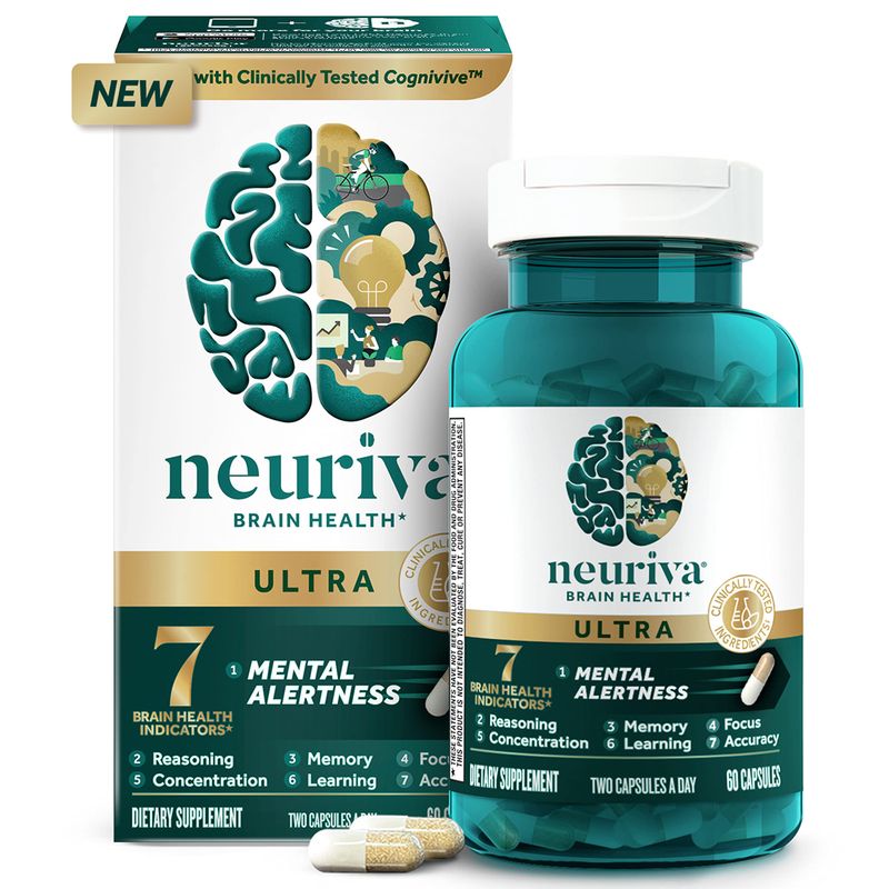 NEURIVA Ultra Decaffeinated Clinically Tested Nootropic Brain Supplement for Mental Alertness, Memory, Focus &amp; Concentration, Cognivive, Neurofactor, Phosphatidylserine, Vitamins B6 B12, 60 Capsules