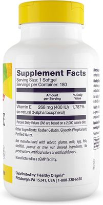 Healthy Origins Vitamin E, 400 IU with Naturally Sourced Mixed Tocopherols - Vitamin E Supplement - Non-GMO & Gluten-Free Skin, Hair, & Nails Vitamin - 180 Softgels