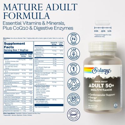 Solaray Once Daily Adult 50+ Complete Multivitamin for Women &amp; Men, Essential Vitamins &amp; Chelated Minerals for Healthy Energy, Heart, Brain &amp; Immune Support, With CoQ10 &amp; Lutein, Iron Free, 90 VegCaps