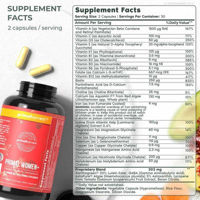 Primal Harvest Multivitamin for Women Vitamin A, Vitamin C, Vitamin D and E, Vitamin B12, B6, Biotin, Zinc Supplements, 30 Capsules (Womens 1 Pack)