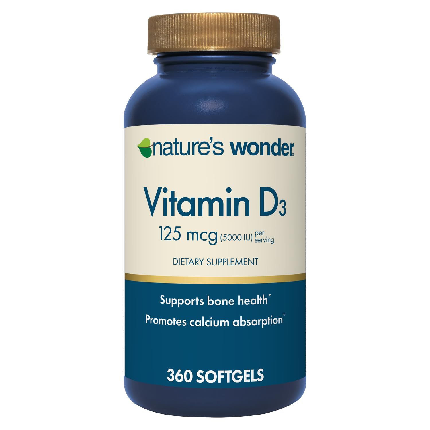 Nature&#39;s Wonder Vitamin D3 Supplement - High Potency Vitamin D3 5000 IU for Supporting Bone Health, Immune System, and Promotes Calcium Absorption, 125 mcg, 360 Softgels