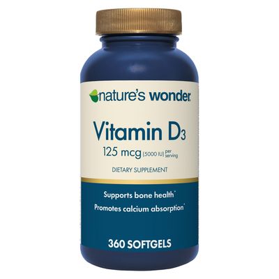Nature&#39;s Wonder Vitamin D3 Supplement - High Potency Vitamin D3 5000 IU for Supporting Bone Health, Immune System, and Promotes Calcium Absorption, 125 mcg, 360 Softgels