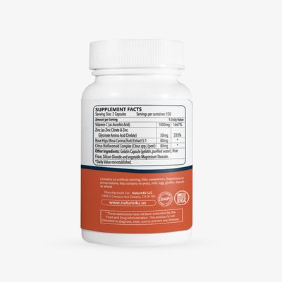Nature4U Vitamin C 1000mg with Zinc, Rose HIPS and Citrus Bioflavonoids, Immune Support Supplement Antioxidants Protection, 300 Capsules