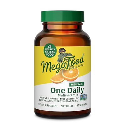 MegaFood Men&#39;s 40+ One Daily Multivitamin for Men With Vitamin B, Vitamin D3, Selenium, Zinc &amp; Real Food - Immune Support, Energy Metabolism, and Muscle &amp; Bone Health - Non GMO; Vegetarian - 90 Tabs