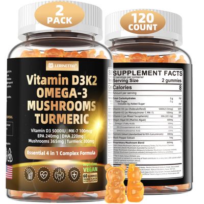 Vitamin D3 5000iu(125mcg) + Vitamin K2(MK7) Gummies with Algae Omega 3 | Maximum Strength Vitamin D3+K2 | for Bone, Teeth, Energy, Immune, Calcium Absorption - Vegan, Sugar Free - 120Cts