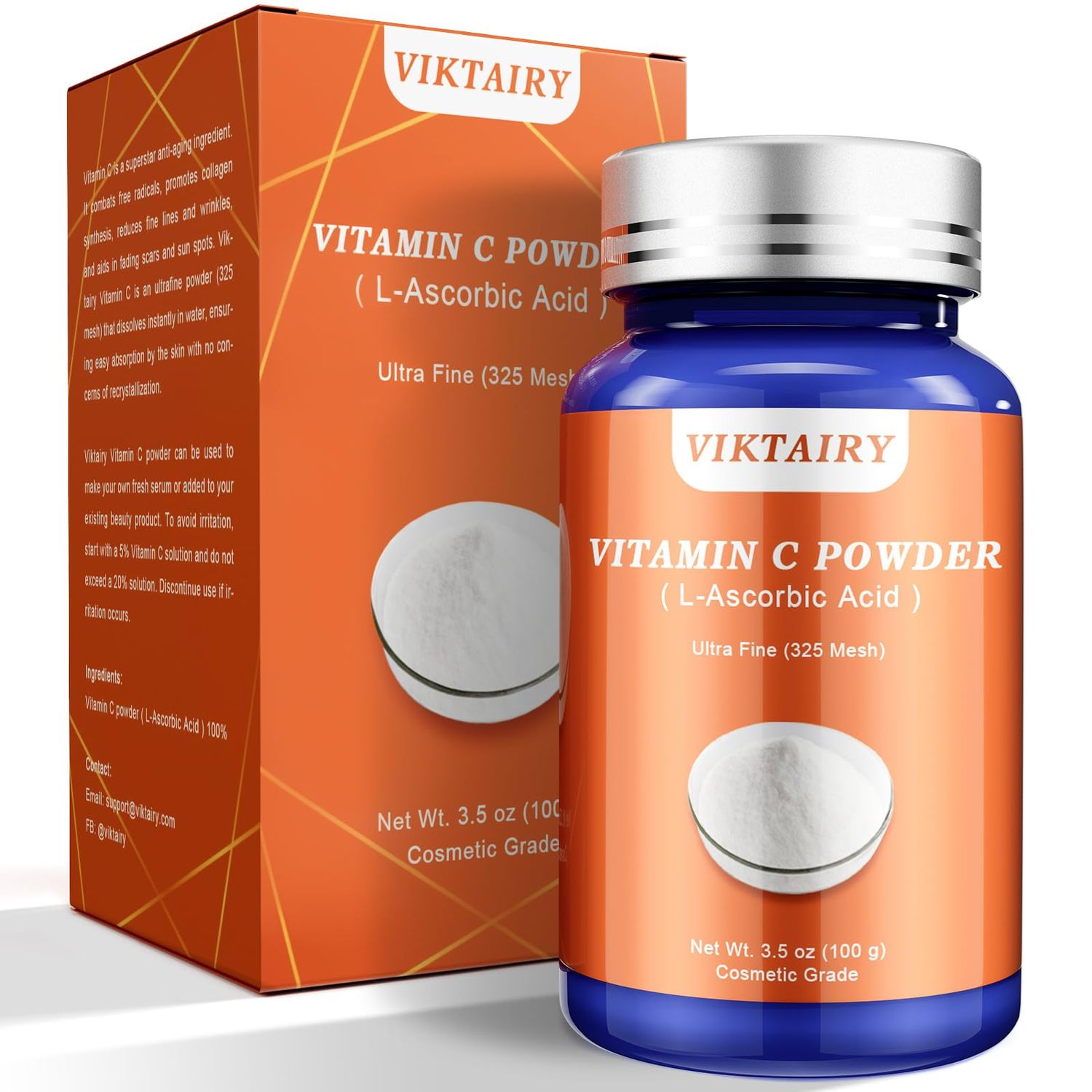 Ultra Fine Vitamin C Powder (Cosmetic Grade, 100g), Pure Organic L-Ascorbic Acid Powder for Face and Skin, Great for Making Fresh &amp; Effective Vitamin C serum (325 Mesh)