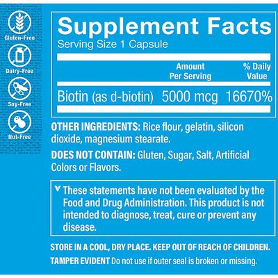 The Vitamin Shoppe Biotin 5,000MCG, Nutrient Metabolism Support for Healthy Vibrant Hair, Healthy Skin &amp; Strong Nails, Energy Production (120 Capsules)
