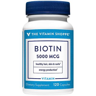 The Vitamin Shoppe Biotin 5,000MCG, Nutrient Metabolism Support for Healthy Vibrant Hair, Healthy Skin &amp; Strong Nails, Energy Production (120 Capsules)