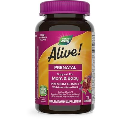 Natures Way Alive! Prenatal Premium Gummy Multivitamin, High Potency Folate, Plant-Based DHA, Vegetarian, Strawberry and Lemon Flavored, 75 Gummies (Packaging May Vary)